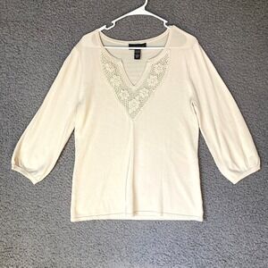 Cable Gauge Crochet Lace Trim Romantic Cottagecore Long Cream Tunic Top Womens L